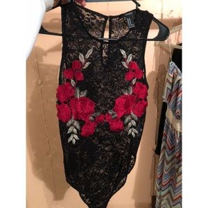 Black lace body suit with rose embroidery